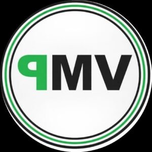Logotipo circular com letras VMP em verde e preto
