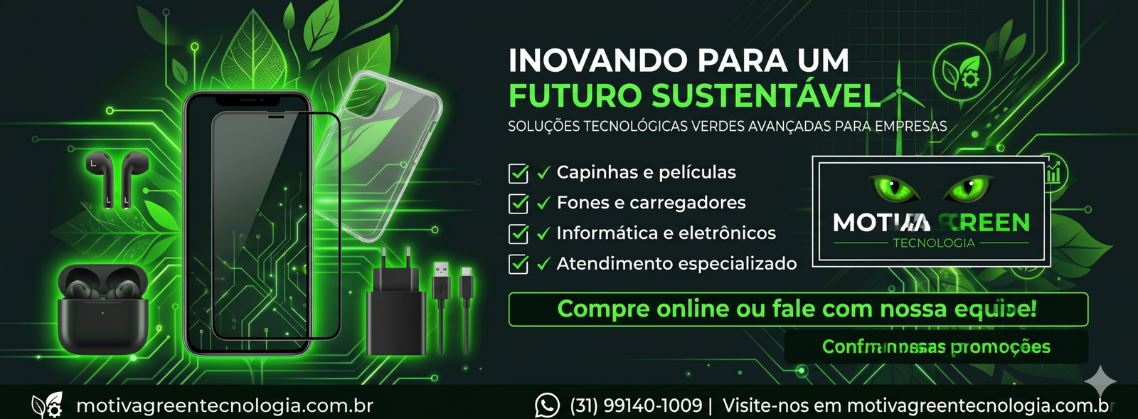 Cadastre gratuitamente e faca parte do no clube de benefícios (1) Banner tecnologia sustentável com smartphone e acessórios verdes