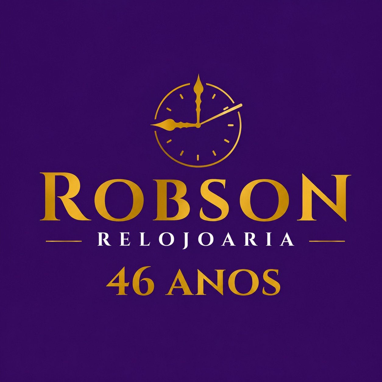 Logo Robson Relojoaria 46 anos fundo roxo