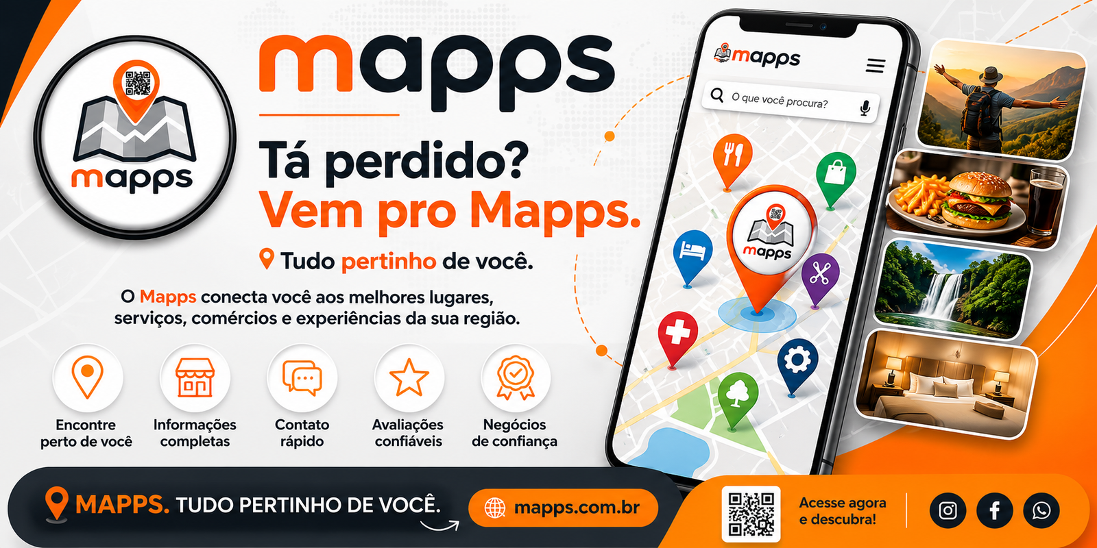 Cadastre gratuitamente e faca parte do no clube de benefícios (1) Banner promocional do app Mapps com mapa no celular